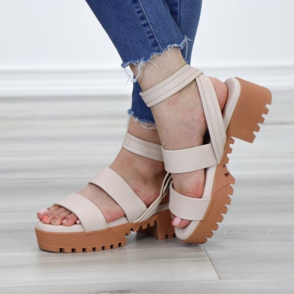 Nude Strappy Chunky Heel Sandal Faux Leather - Picture 4 of 12